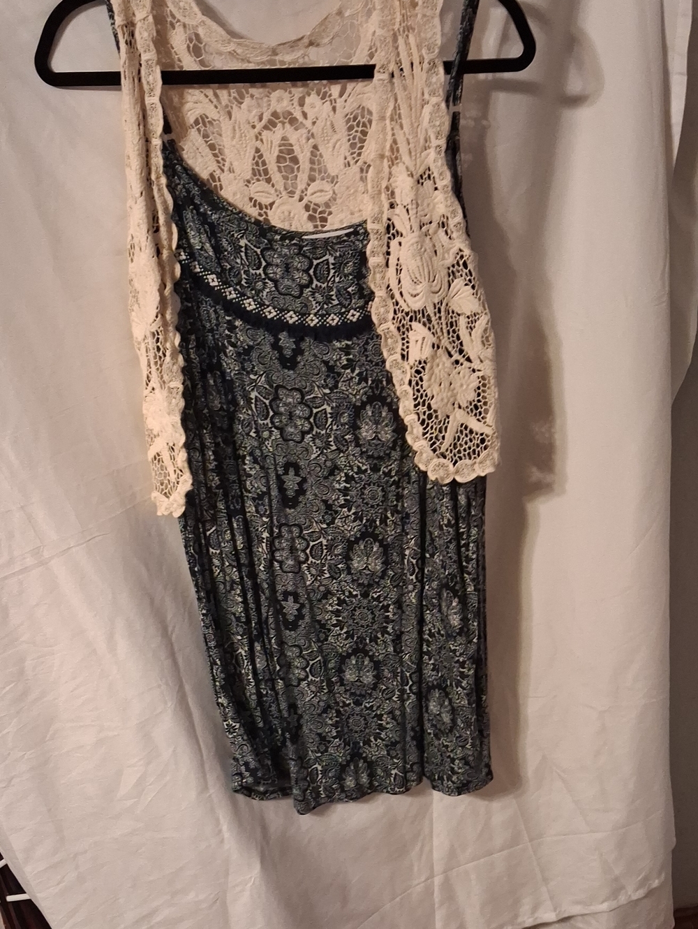 Maurices Navy and Cream Paisley Sleeveless Dress with Lace Trim